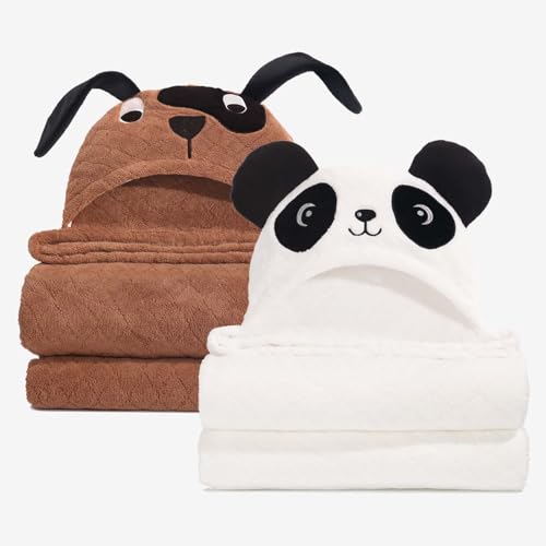 Image of WODHOY Toddler Hooded Bath Towel Age 1-5,2-Pack Thick Absorbent Bath Towel Boys & Girls, 50"x32"Large Size Ultra Soft with Hood Panda Puppy,Baby Bath Essential for Infant and Children, Brown & White