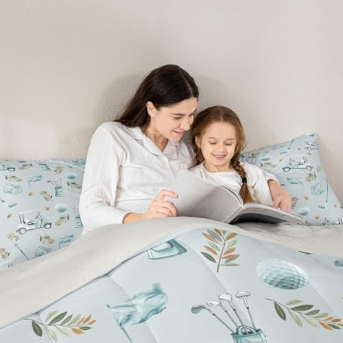 Image of Feelyou Blue Golf Comforter Set Toddler Size Leaves Bedding Set for Kids Boys Girls Sports Golfing Theme Duvet Quilt Bedroom Decor Microfiber 2 Pcs with 1 Pillow Cases
