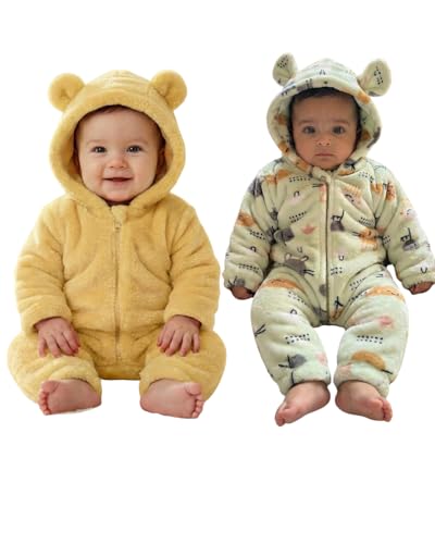 Image of BABYZONE Fluffy Fleece Baby Romper - Hooded Bear Ear Winter Jumpsuit for Boys & Girls