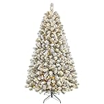 SHareconn 7ft Pre Lit Christmas Tree Snow Flocked with 320 Warm White LED Lights, 8 Light Modes, 1076 Snow Branch Tips, Foldable Metal Stand, Artificial Xmas Tree for Home Office Party Decoration