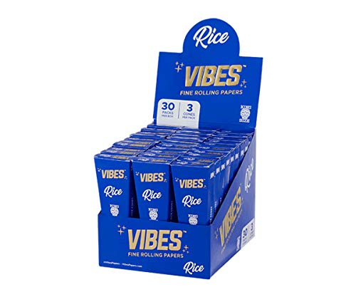 Vibes Pre Rolled King Size Rice Cones 30 Count Display Box With 3 Cones Each (90 Cones), Natural Rice Paper and Arabic Gum, Chlorine Free Technology Packing Tool Included Extra VIBES Sticker Packs