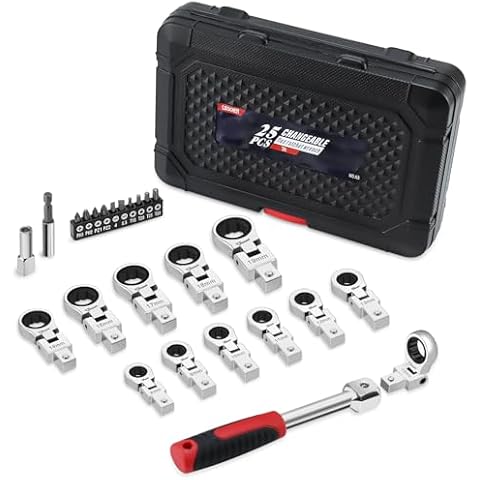 LOSCHEN 25-Piece Exchangeable Flex Ratchet Wrench Set, 25-in-1 Metric Combination Wrench Set, with Metric Wrench Heads(8-19mm), with Screwdriver Bits, CR-V Steel, with Tool Box Cover