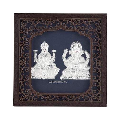 Image of Silver Plating Laxmi Ganesh Frame | Divine Home Decor | Wall Mount Square PhotoFrame for Gift, Lakshmi Ganpati Wooden Frame for OfficeDecor | hangingframe (6.50 inch x 6.50 inch Inch)