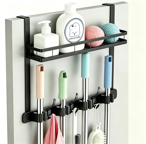 EARLESS BEAR Over the Door Heavy Duty Metal Broom & Mop Holder No-Drill Cleaning Supply Organizer with 4 Grips 3 Hooks & 1 Storage Basket for Laundry Room & Garage