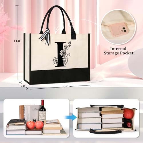Image of Tecanne Personalized Initial Canvas Tote Bag, Suitable for Birthday, Wedding, Beach, Holiday, Gifts for Women, Mom, Teachers, Nurses, Best Friends, Bridesmaids (I)