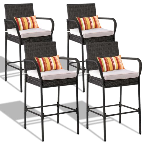 Image of Sundale Outdoor Wicker Bar Stool Set of 4, Patio Counter Height Pub Chair with Arms, High Top Rattan Barstool, Cushion Beige, All-Weather Outdoor Rattan Furniture (Gray&Beige, Small Seat - 4 Stools)