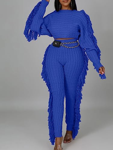 Image of KANSOON 2 Piece Sweater Set for Women Cable Knit Fringe Crop Top and Pants | Cozy feel, ribbed high waist, comfortable stretch fit for birthday and chilly going-out outfits