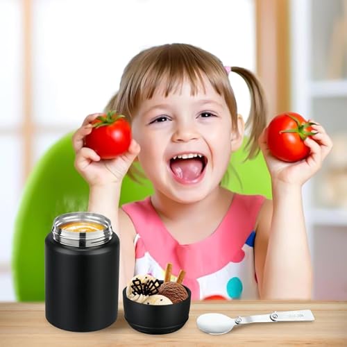 Image of Insulated Food Jar with Folding Spoon | 304 Stainless Steel Lunch Pot, Leak Resistant Wide Mouth Thermos for Hot & Cold Food | Soup Container for Office Travel (550ml, Black)