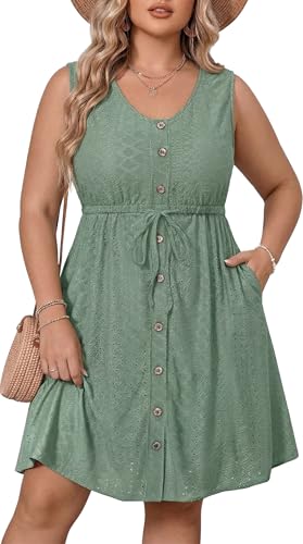 Image of Talisea Plus Size Summer Dresses - Casual Beach Eyelet Sleeveless Tank V Neck Button Down Swing Short Sundress Pockets Women