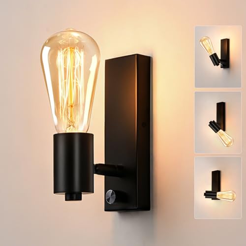 Glighone Wandlampe mit Schalter Dimmbar Vintage Wandleuchte Innen Schwenkbar E27 Retro Industrial Wandleuchte Schwarz für Wohnzimmer Schlafzimmer Flur