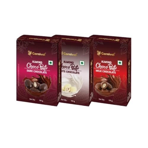 Image of Carnival Chocolate Coated Almonds Combo - Dark, Milk & White Chocolate | 3 x 100g | Crunchy Roasted Almonds Coated in Premium Chocolate | Assorted Gift Pack | Post-dinner sweet fix Guilt-Free Treat