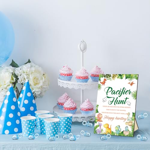 Image of Thyle 51 Pcs Dinosaur Pacifier Hunt Baby Shower Games Include Dinosaur Theme Hunt Sign and 50 Acrylic Pacifiers for It's a Boy Baby Shower Game Decoration Gift Sets Gender Reveal Party Decor