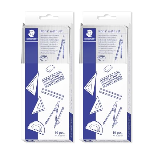 STAEDTLER Set de geometría en estuche metálico – Juego de dibujo de 20 piezas con compás y accesorios – Kit escolar con regla, escuadras y plantilla – Set completo para un trabajo preciso