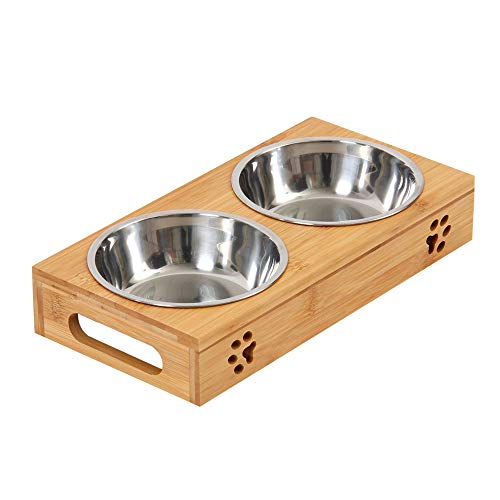BOTTLEWISE Comederos para Gatos y Perros Platos de Acero Inoxidable Tazón Soporte Mesa Elevado con Soporte de Bambú Antideslizante con Sistema de prevención de derrames para Comida y Agua (L)