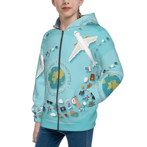 Travelling on Airplane Kids Pullover Hoodies Boys Zip Up Sweatshirts Girls Athletic Clothes with Pocket