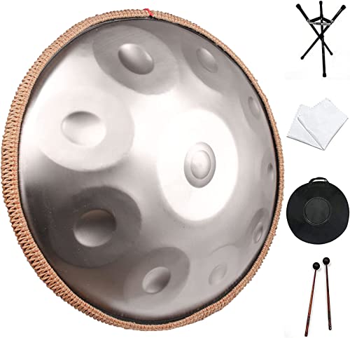 Hand Pan Drums, Handpan Steel Drums Instrumento Musical D Minor 10 Notas 22 pulgadas Steel Hand Drum con Bolsa de Transporte, Soporte para Tambor y Mazo, Paño Libre de Polvo
