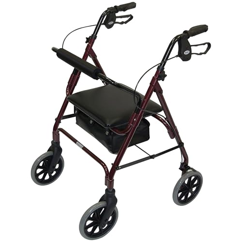 DAYS Lightweight Folding Rollator Walker – Mobility Aids, Adjustable Walking Frame with Padded Seat, Lockable Brakes, Ergonomic Handles, Walking Aid, Portable Walker for Elderly, Small – Ruby Red