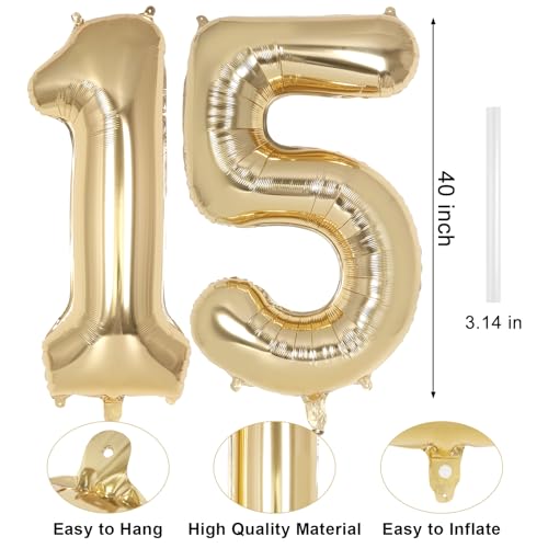 Image of Champagne Gold Large Number 15 Balloon, 40 Inch Light Gold Foil Helium Number Balloons, Giant Mylar Number 15 Balloons for 15 Years Old Birthday Party Anniversary Decorations (Champagne Gold 15)