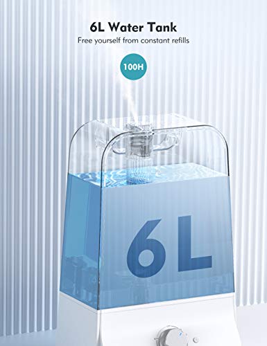 6L Cool Mist Humidifiers Quiet Ultrasonic Humidifier 20-100 Hours, Easy to Clean, for Living Room Babies Room Bed Room Guitar Room 360° Nozzle (White)