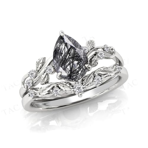 Natural Pear Black Rutilated Quartz Engagement Ring Set 925 Sterling Silver Rings for Her with Free Engraving Jewelry Gift for Women Black Rutilated Quartz Vintage Ring Set Size4
