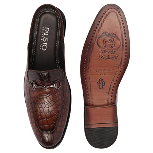 FAUSTO Men Embossed Leopard Print Design with Horsebit Buckle Ethnic Party Back Open Slip On Mules Shoes