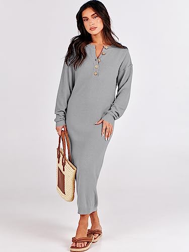 Image of ANRABESS Women Long Sleeve Button V Neck Oversized Casual Loose Fit Waffle Knit Fall Midi Sweater Dress 2026 Trendy Outfits