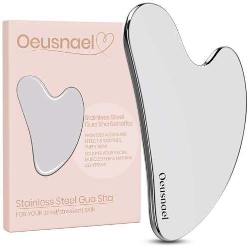 Oeusnael Stainless Steel Gua Sha Facial Tools, Lymphatic Drainage Massager for Face Sculpting, Chin & Jawline Shaper, Metal Guasha Tool for Body Eyes Neck, Self Skin Care Gift for Women Men with Pouch