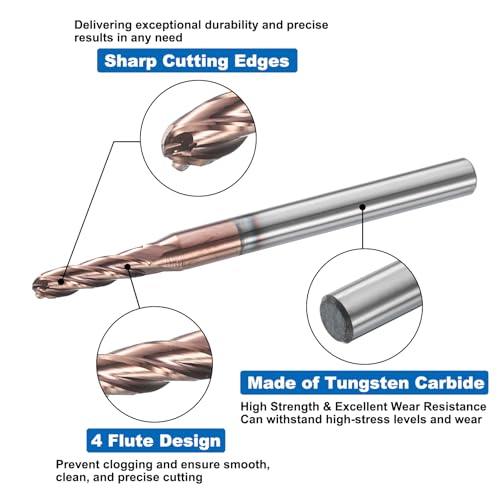 Image of HARFINGTON 5 Pcs Ball Nose End Mill 4 Flute 3 /32 inch Diameter 1 /8 inch Shank Tungsten Carbide AlTiN Coated Spiral CNC Router Bits 3 /8 inch Cutting Length Single End Ball for Carving Engraving Grinding