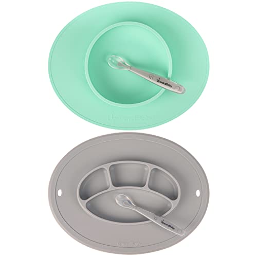 Image of Upward Baby Suction Plates & Bowls for Baby -Toddler Essentials Silicone Baby Plate & Bowl with 2 Baby Spoons Self Feeding 6 Months - Kids Plates Baby Utensils & Baby Feeding Supplies BPA Free