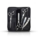 Kit Tesouras Profissionais para Barbeiro 5 Peças – Tesoura de Corte, Desfiadeira, Navalhete e Estojo – Aço Inoxidável para Corte de Cabelo e Barba Inox