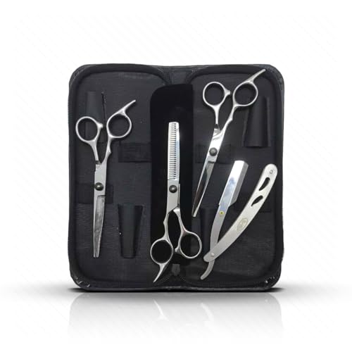 Kit Tesouras Profissionais para Barbeiro 5 Peças – Tesoura de Corte, Desfiadeira, Navalhete e Estojo – Aço Inoxidável para Corte de Cabelo e Barba Inox