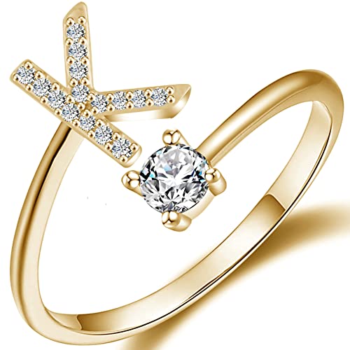 Haoze Initial Letter Ring for Women Girls Gold Stackable Alphabet Rings with Initial Adjustable Crystal Inlaid Initial Rings Bridesmaid Gift(K Gold)