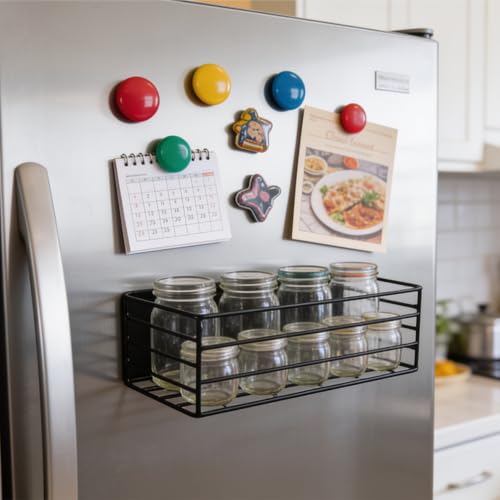 Image of Amazon Basics Magnetic Organizer for Fridge Space-Saving side Storage (27.5 x 11 X 7.5 cm, Iron, Black), Set of 2, Load Capacity: 1.5Kg