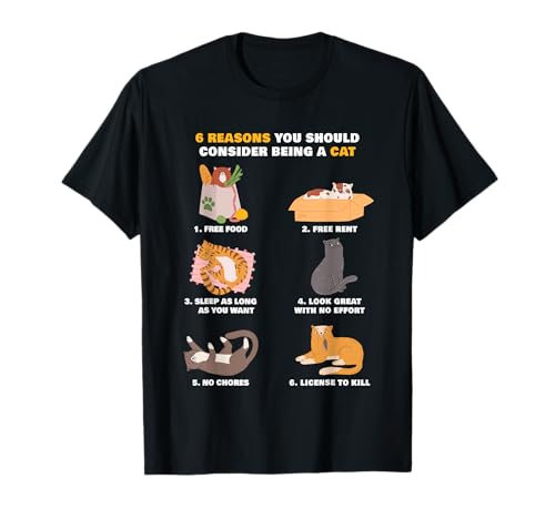 6 REASONS YOU SHOULD CONSIDER BEING A CAT – Cute funny cartoon graphic. Great humor for men and women who love all types of cats.