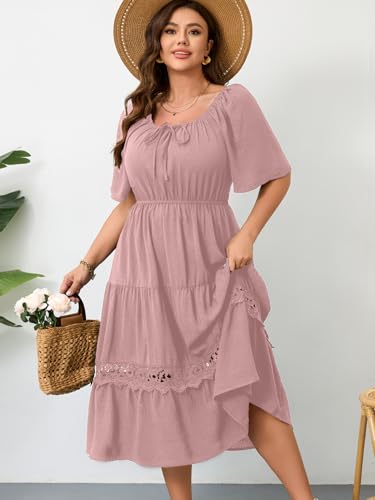 Image of RWJ Women's Plus Size Maxi Dress Short Sleeve Square Neck Flowy A-Line Lace Trim Flutter Party Casual Off Shoulder Dresses