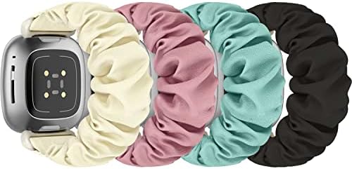 ShuYo Scrunchie Bands Compatible with Fitbit Sense/Sense 2 / Versa 3 / Versa 4 for Women,4 Pack Elastic Nylon Scrunchy Replacement Strap Soft Stretchy Wristband for Fitbit Versa 3 Smart Watch