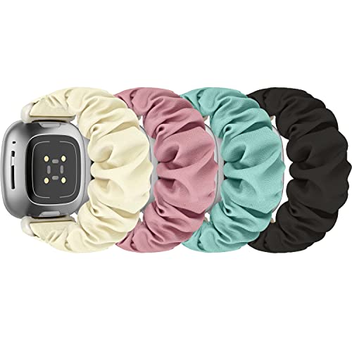 Shuyo Scrunchie Bands Compatible With Fitbit Sense/Sense 2 / Versa 3 / Versa 4 For Women,4 Pack Elastic Nylon Scrunchy Replacement Strap Soft Stretchy Wristband For Fitbit Versa 3 Smart Watch #TOP2