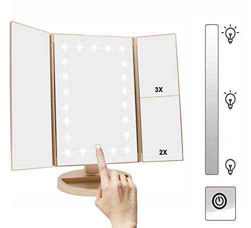 Lighted 3-Fold Vanity Makeup Mirror with 1X/2X/3X Magnification, Touch Screen, Adjustable Rotation, and 21 LED Lights - Portable Cosmetic Mirror for Travel