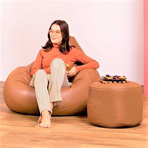 LEXAVI Brand - Prime Quality XXXL Combo Prefilled Beanbag with Footrest (Tan)