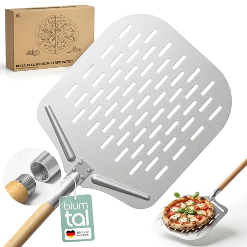 Blumtal Pizzaschieber perforiert 30 5x30 5 cm Fläche + Holzgriff 46 5 cm - Pizzaschaufel perforiert aus Anti-Haft Aluminium & Edelstahl - Pizza Schieber/Brotschieber - Pizza Zubehör Pizzaheber