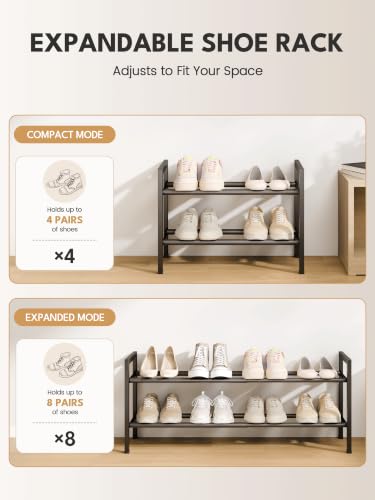 Image of Bumusty 2 Tier Expandable Shoe Rack for Closet, 18 inch-33 inch Adjustable Shoe Rack for Small Space, Small Shoe Organizer for Front Door, Sturdy Metal, Black