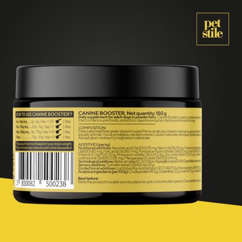 Petstile Canine Booster mit Grünlippmuschel-Extrakt für Hunde - Expertenformulierte Superfood-Mischung mit 26 Wirkstoffen - 150g Pulver