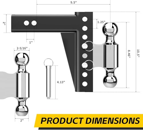 Image of MaxxHaul Adjustable Dual Ball Mount for 2 inch Receivers, 6.5 inch Drop and 7.5 inch Rise, Dual Hitch Balls with Hitch Stabilizer, Rubber Pad and Locking Pin for Quiet Towing (51189)