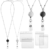 Outus 2 Pieces Badge Lanyard with ID Holders Stainless Steel Badge Name Tag Holders Necklace Retractable Reel Clip Chain Water Resistant for School Office(Black, Silver)