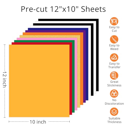 HTVRONT HTV Heat Transfer Vinyl -13 Pack HTV Vinyl Sheets, 12" x 10" Iron on Vinyl for T Shirts, 10 Assorted Premium Colors Heat Transfer Vinyl for All Cutting Machines - Image 5