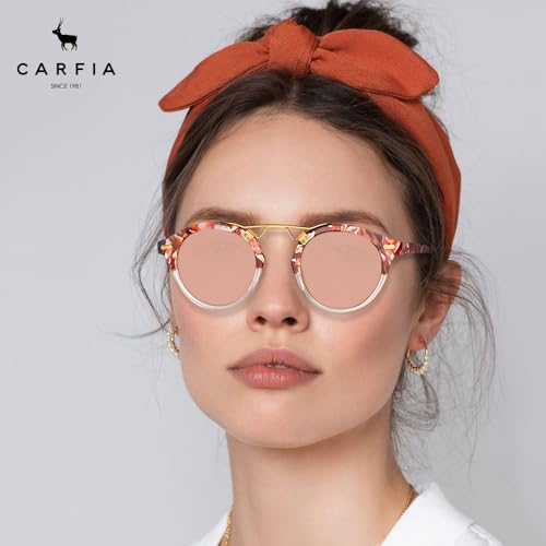 Image of CARFIA Small Face Acetate Polarized Sunglasses for Women UV Protection, Retro Double Bridge Eyewears Metal Brow Round Sunnies