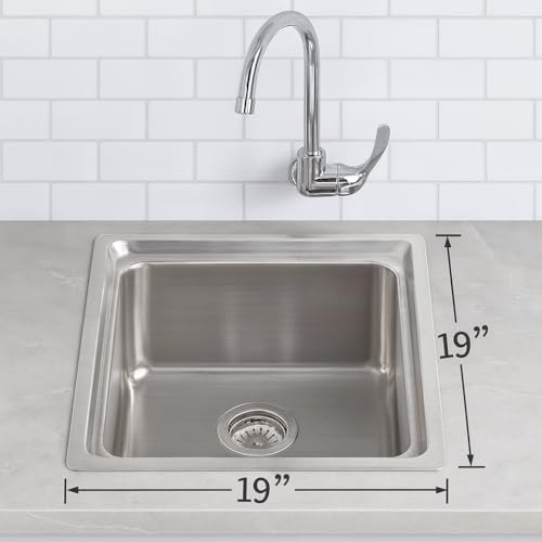 Image of NIRALI Kitchen Sink 19 x 19 Inch Omni 304 Heavy Duty Stainless Steel | Single bowl Sink Round Coupling | Rust & Stain Resistant | Satin Finish | Minimizes Sound Sink (Satin, 19 inch X 19 inch X 9 inch)