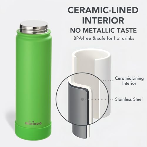 Image of Mininoo 24 oz Insulated Ceramic-Lined Water Bottle with Straw, Canopy Green