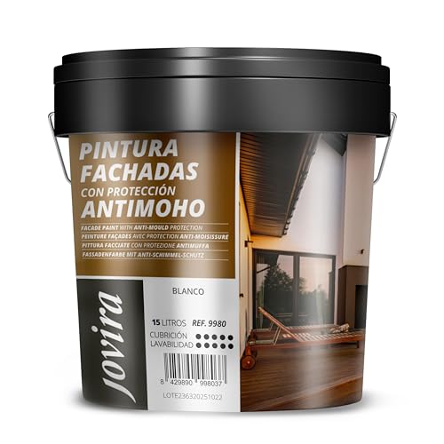 JOVIRA PINTURAS PINTURA FACHADAS ANTIMOHO. Repelente al agua, impermeable y antifisuras. (15 Litros, Blanco) A-10B