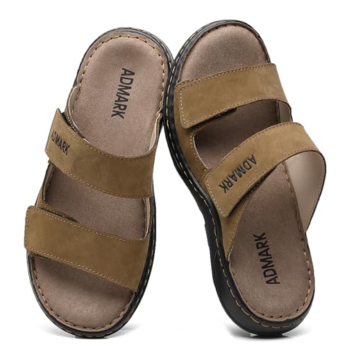 ADMARK Men's Full-Grain Leather Slide Sandals, Adjustable Strap Slip-On with Arch Support & Memory Foam Footbed, Lightweight Comfort for Walking Casual Outdoor Beach (Khaki, Adult, Men, 8)